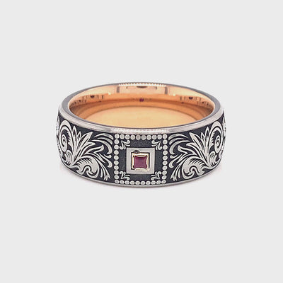 ring, ring with white background,tungsten ring, mens tungsten ring, women's tungsten ring, ring with garnet, garnet wedding band, gemstone ring, 8mm ring, 8mm tungsten ring, rose gold plated ring