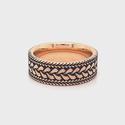 ring, ring on white background, rose gold ring, rose gold plated ring, engraved ring, custom wedding band, brushed engraving, brushed strokes, textured ring, mens wedding band