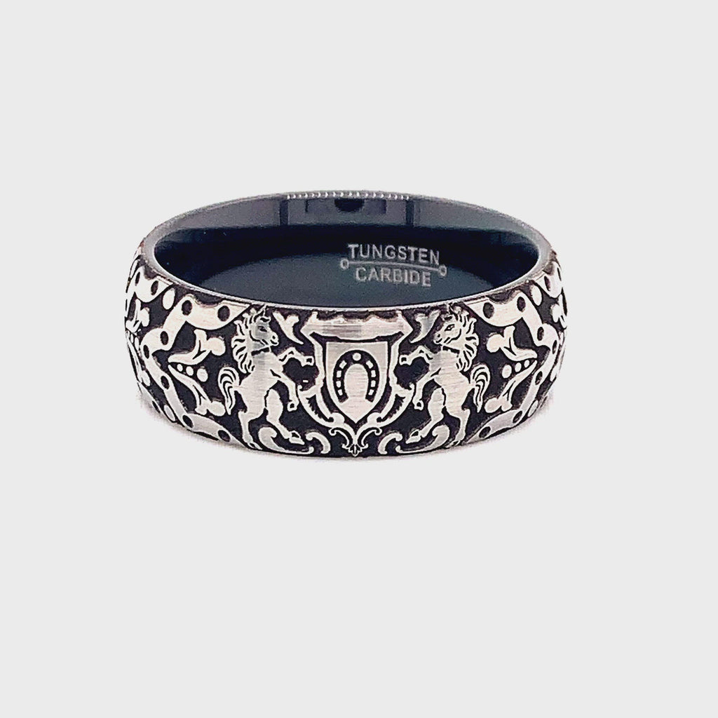 ring, ring on white background, black ring, dome shaped ring, engraved ring, horseshoe ring, medieval ring, mens ring, wedding band, women's wedding band
