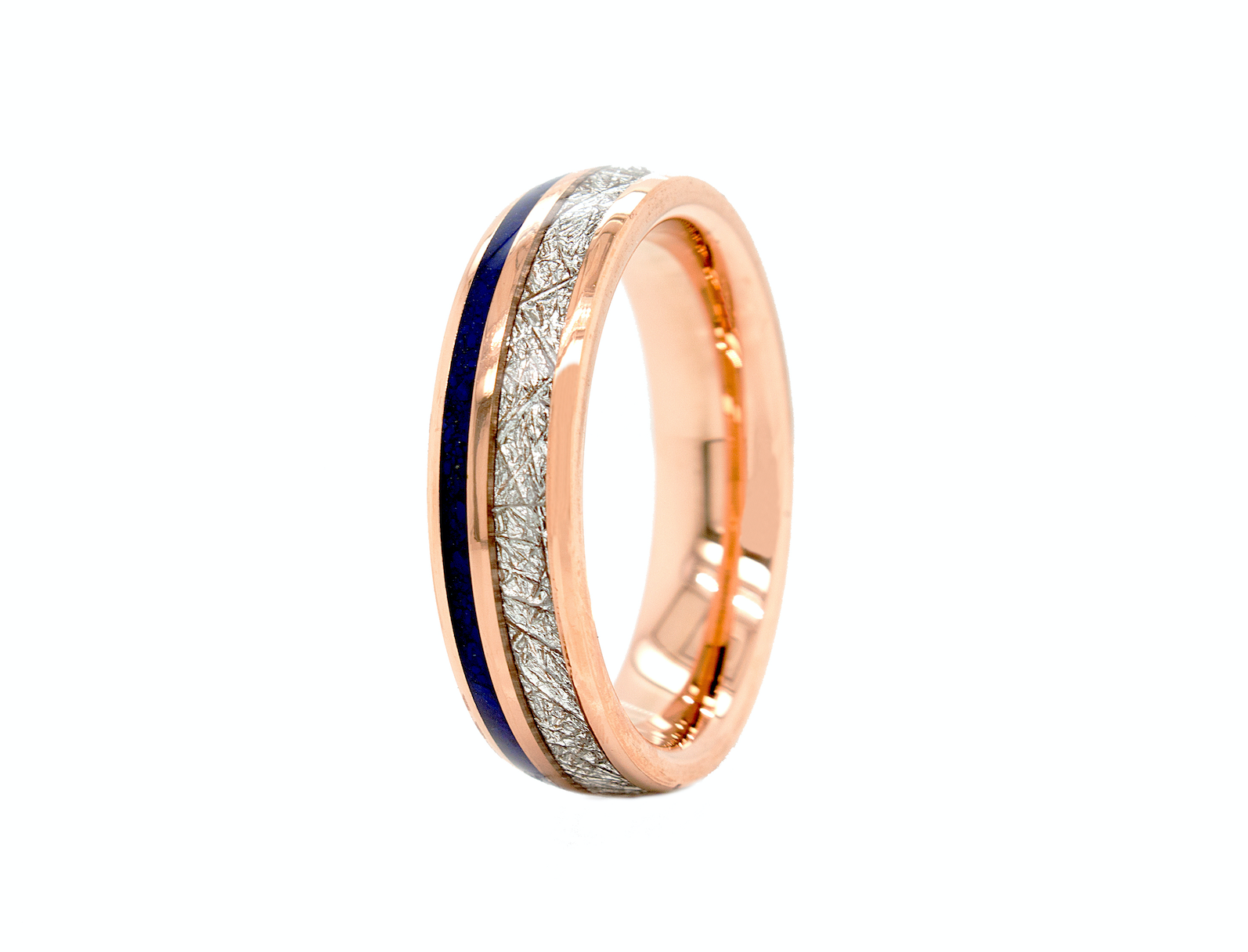 ring, ring on white background, rose gold ring, tungsten ring, rose gold plated ring, ring with navy blue inlay, ring with meteorite inlay, meteorite inlay ring, thin rose gold ring, wedding band, wedding band for men, wedding band for women, custom ring