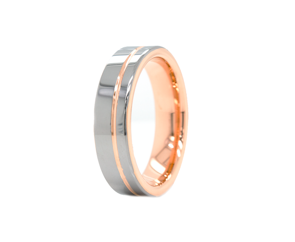 ring, ring with white background, wedding band, thin ring, flat shaped ring, ring with rose gold plated interior, ring with offset groove, grooved ring, polished tungsten ring, wedding band, women's wedding band, mens wedding band