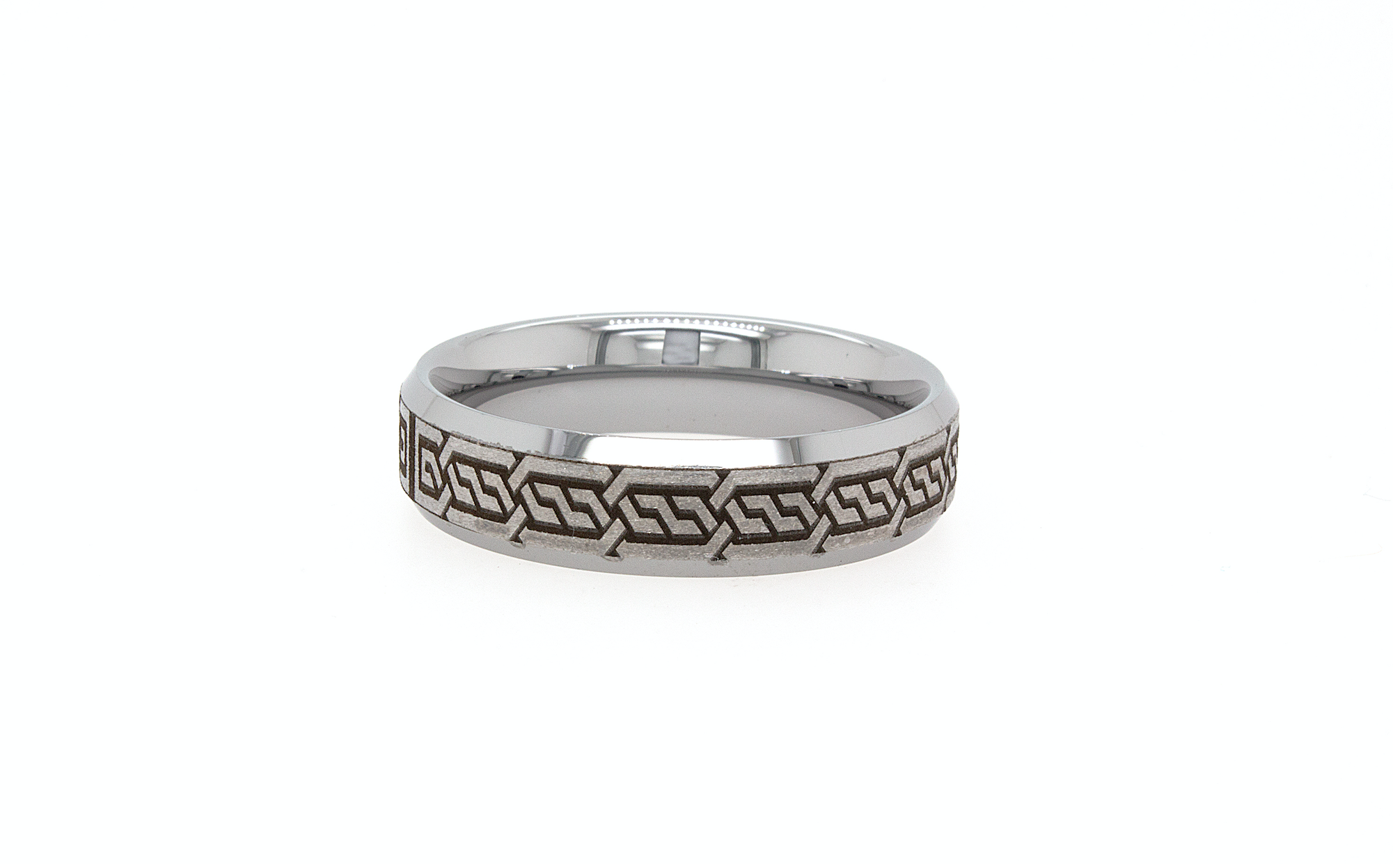 ring, ring on white background, 6mm ring, 6mm wedding band, 6mm tungsten ring, mens wedding band, matte ring with beveled edges, celtic inspired engravings, engraved ring, celtic wedding band, mens wedding band, women's wedding band, thin tungsten ring