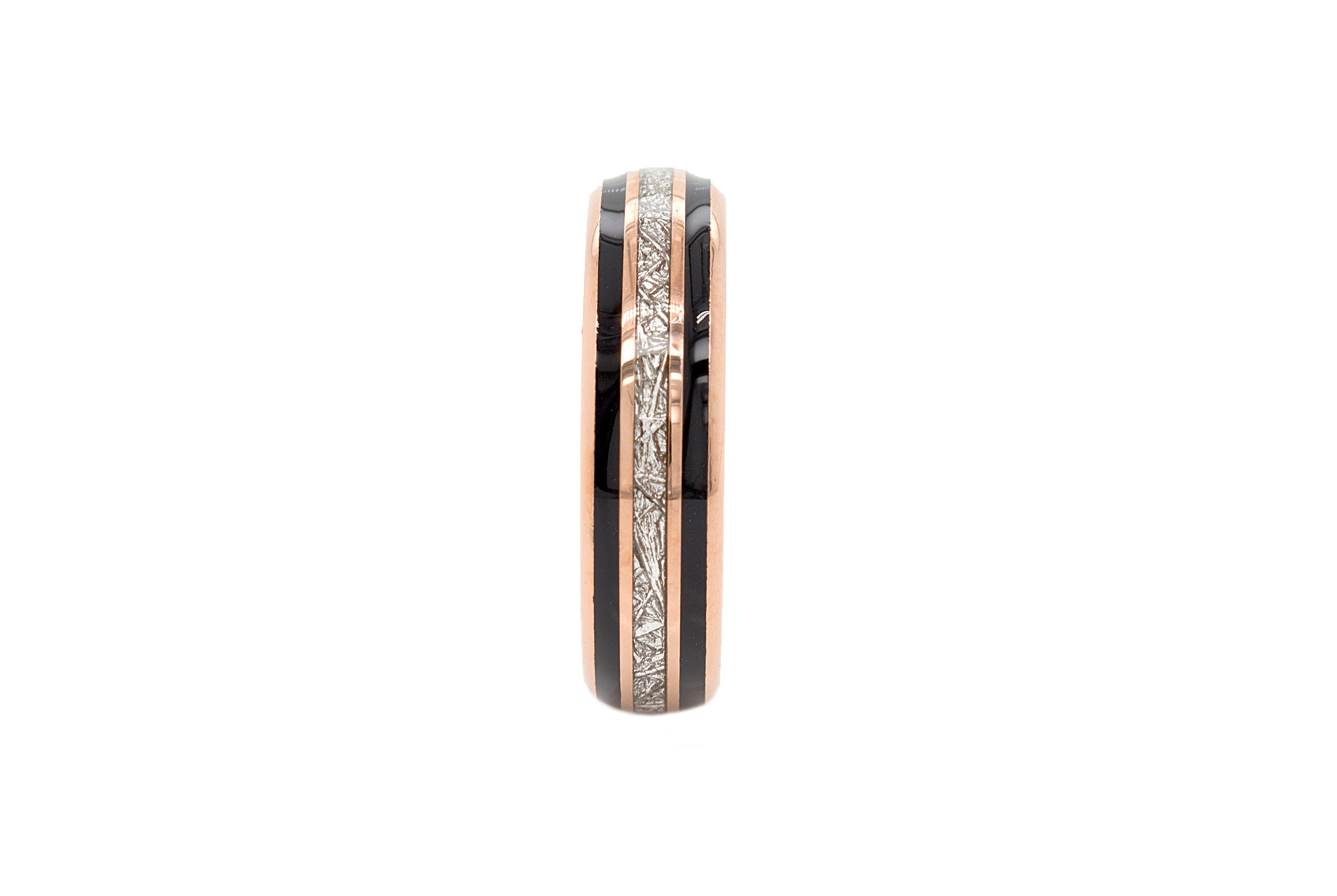6mm Dome Shaped Rose Gold Tungsten with Meteorite Inlay and Double Black Enamel Lines