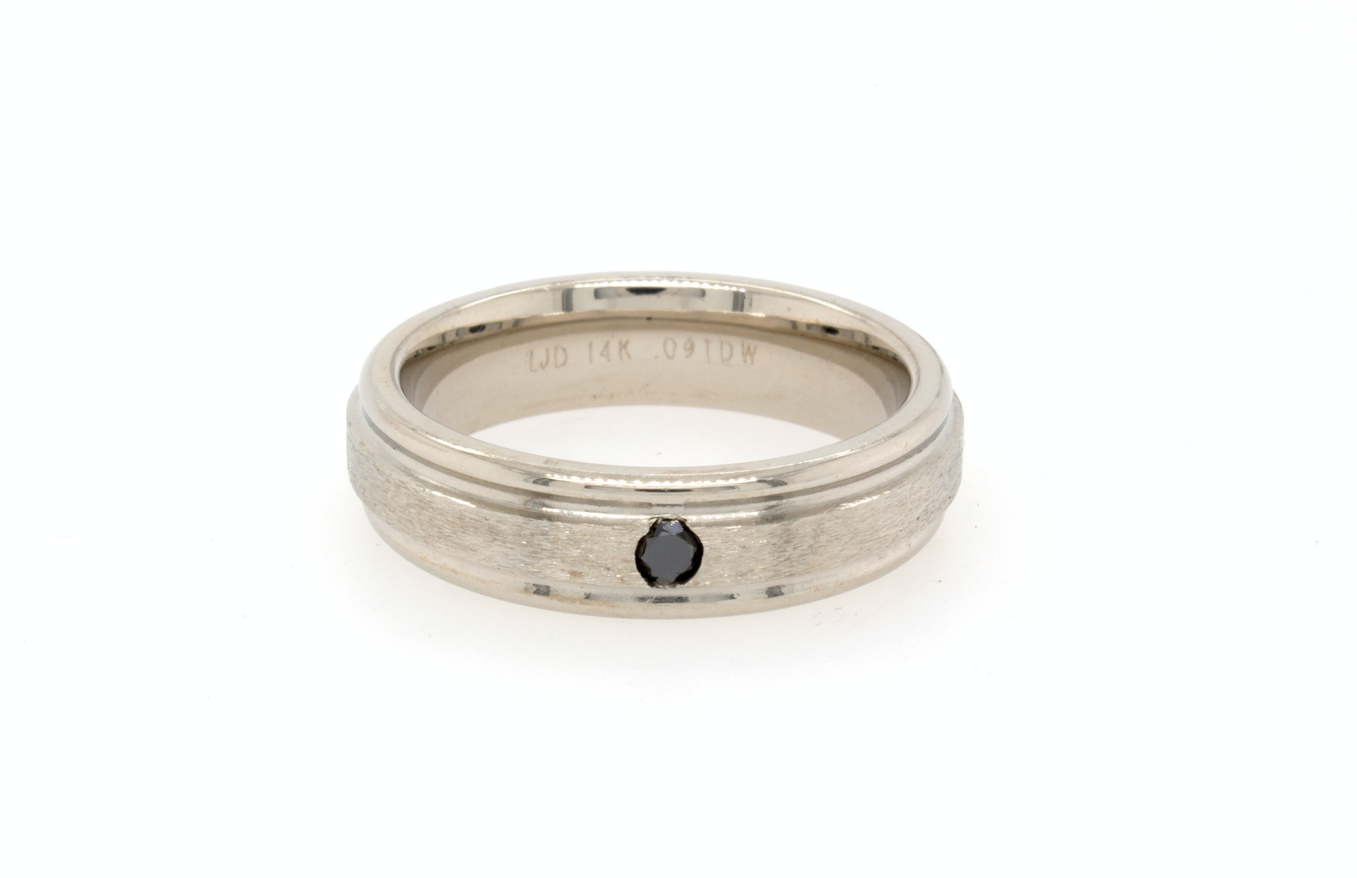 ring, ring on white background, white gold wedding band, solid gold ring, 6mm ring, 6mm wedding band, black diamond ring, black diamond wedding band, thin gold ring, mens wedding band, women's wedding band, traditional wedding band
