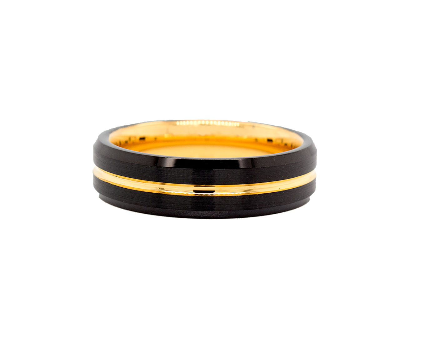 ring, ring on white background, mens wedding band, women's wedding band, black and gold ring, ring with center groove, grooved ring, tungsten ring
