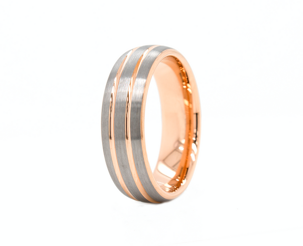 ring, ring on white background, dome shaped ring, 7mm ring, brush finished ring, rose gold plated ring, ring with 2 rose gold grooves, 7mm wedding band, tungsten ring for men, tungsten ring for women