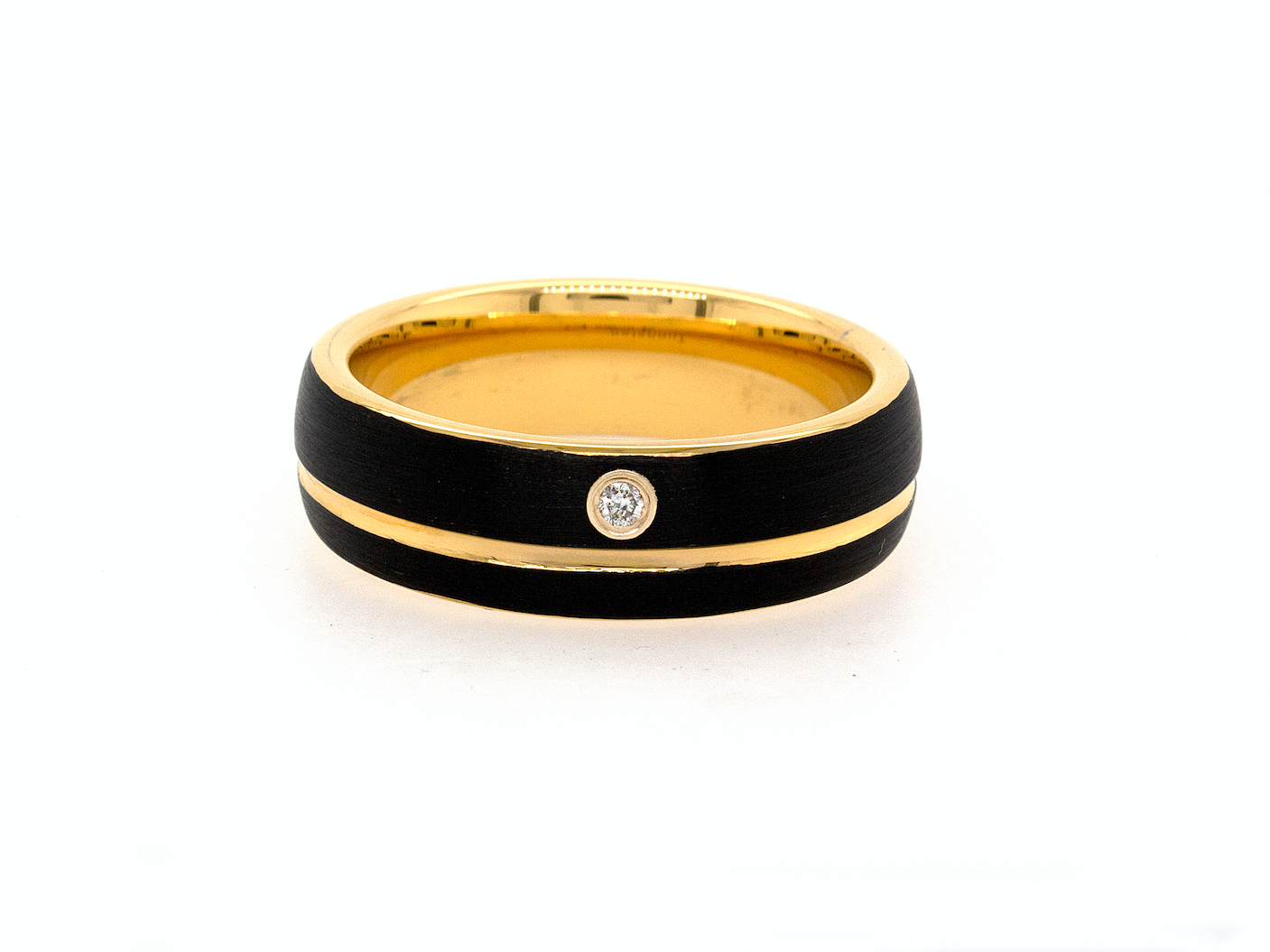 ring, ring on white background, 7mm ring, dome shaped ring, mens wedding band, women's wedding band, black plated ring, black ring, yellow gold ring, diamond ring, gemstone ring, wedding band, mens wedding band, women's wedding band, ring with groove