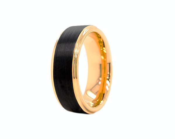 ring, ring on white background, tungsten ring, brushed tungsten ring, yellow gold plated ring, ring with stepped edges, brushed black exterior, polished yellow gold plated interior and edges, wedding band, mens wedding band, women's wedding band