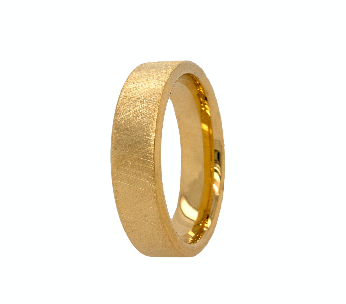 7mm, Custom Made, Flat Shaped, Solid Yellow Gold Ring with Hand Brushe