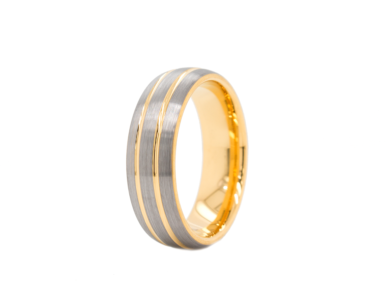ring, ring with white background, yellow gold ring, yellow gold plated ring, 7mm ring, 7mm tungsten ring, dome shaped ring, brush finished ring, ring with grooves, grooved ring, wedding band, women's wedding band, mens wedding band, personalized ring