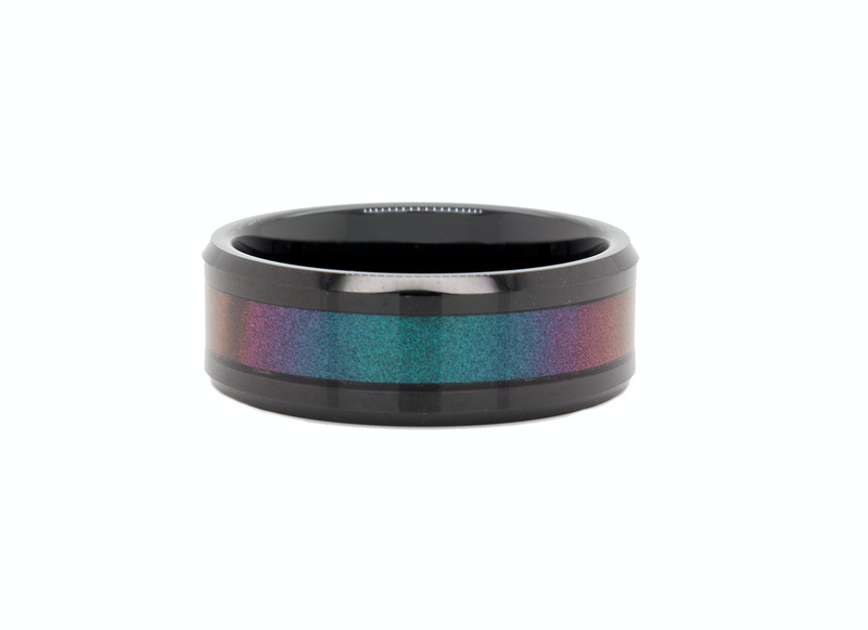 ring, ring with white background, black ring, black plated tungsten, tungsten ring, rainbow ring, gradient ring, purple ring, pink ring, blue ring, wedding band, unisex wedding band