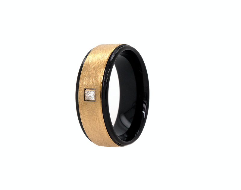 ring, ring on white background, yellow gold ring, black ring, yellow gold plated exterior, black plated edges and interior, square shaped diamond, diamond ring, tungsten ring, textured ring, wedding band, mens wedding band