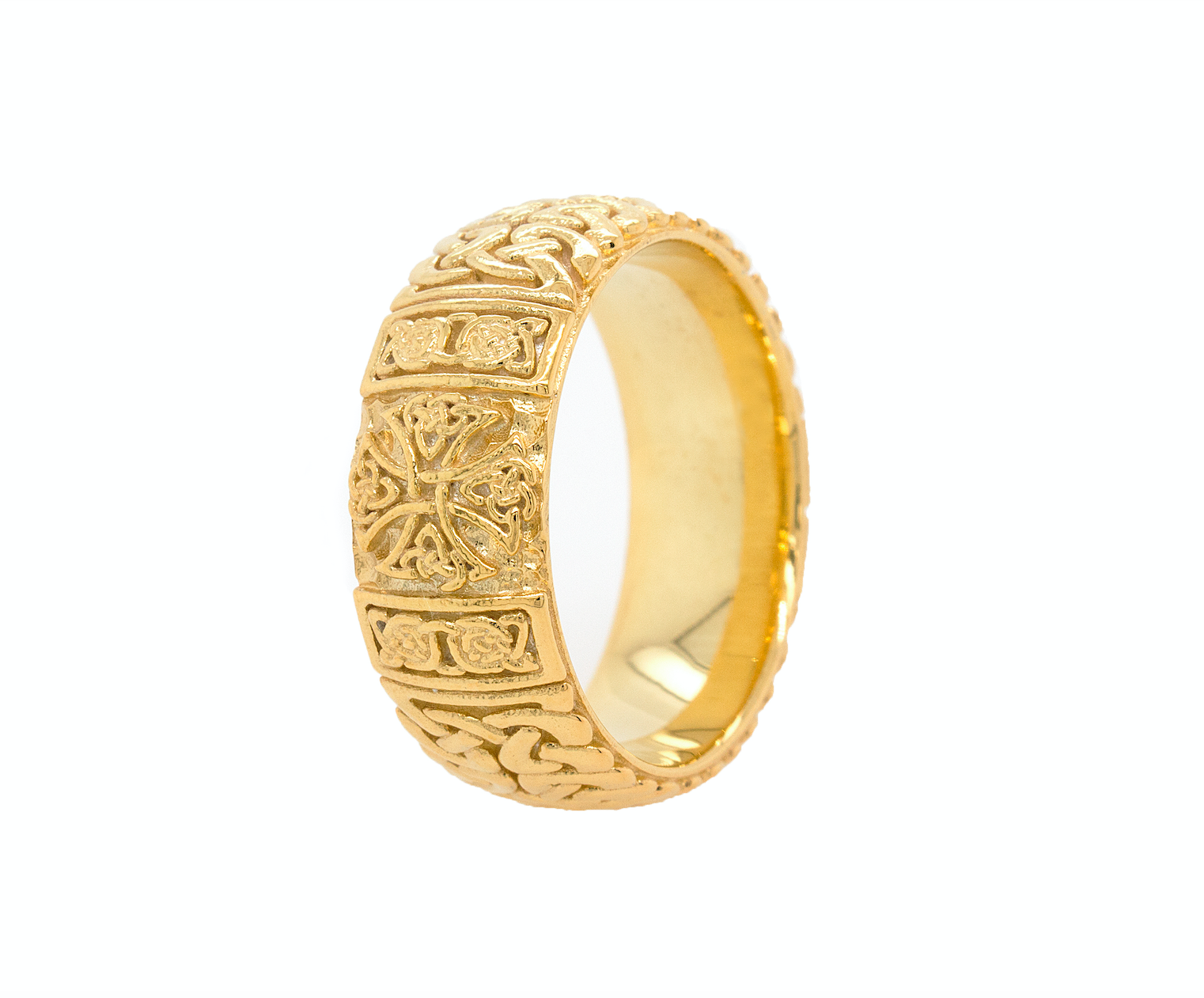 ring, ring on white background, mens ring, women's ring, solid gold ring, solid gold wedding band, wedding band, celtic ring, cross ring, ring with cross, engraved ring, custom ring, solid gold wedding band, cross ring