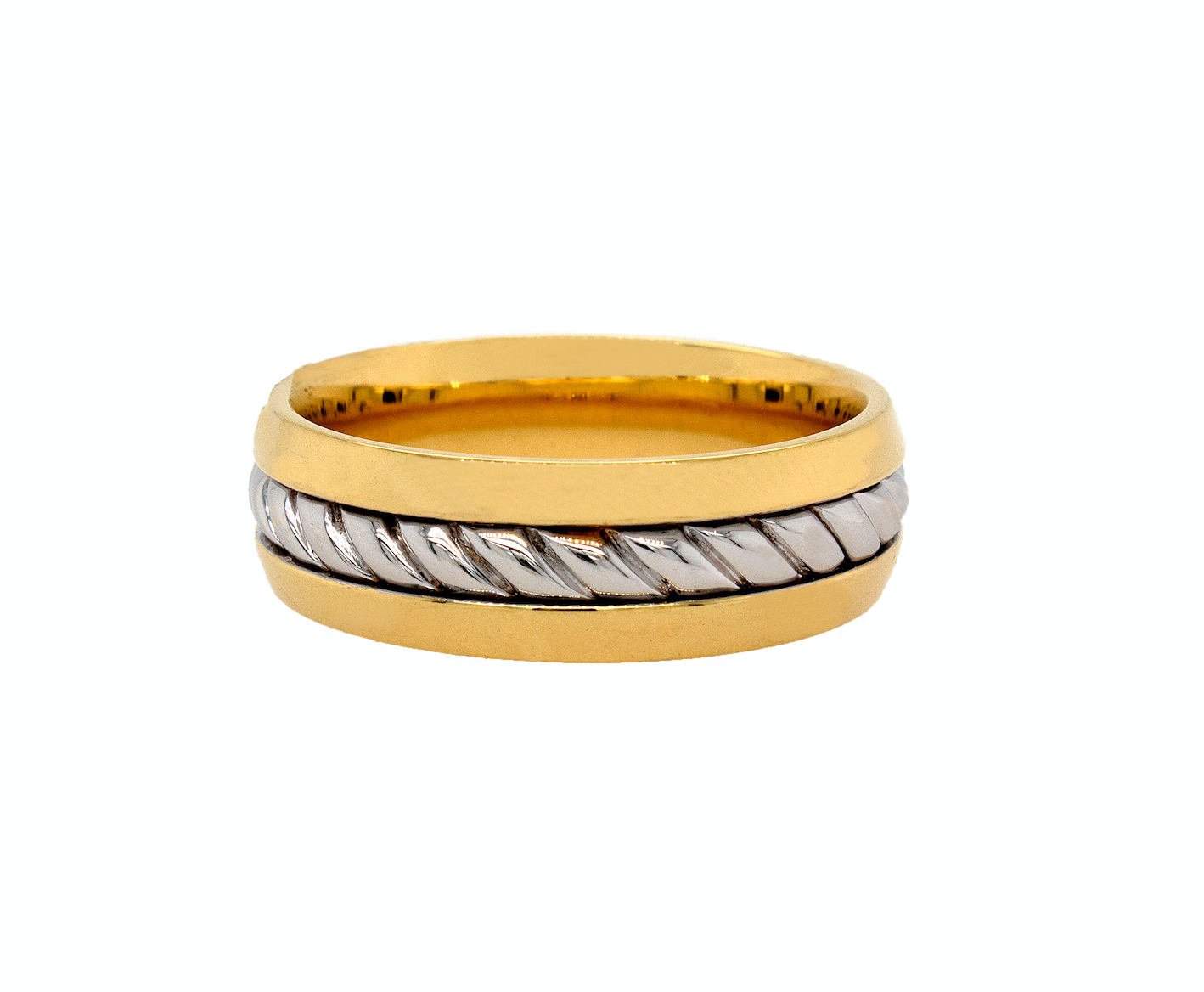 ring, two toned ring, yellow gold ring, white gold ring, polished ring, dome shaped ring, ring on white background, twisted rope inlay, textured ring, mens wedding band, womens wedding band, unisex ring, custom ring
