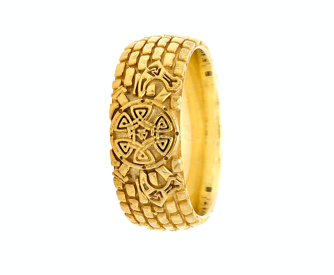 ring, ring on white background, mens ring, women's ring, gold ring, solid gold ring, brick pattern ring, viking shield, swords, axes, yellow gold ring, mens ring, women's ring, 8mm ring, dome shaped ring