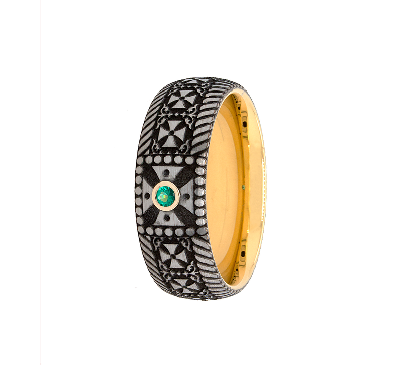 8mm Custom Made Tungsten Ring with Matte Exterior Polished Yellow Gold Plated Interior, Cross Engravings and a Center Round Cut Emerald