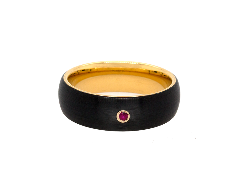 8mm, Custom Made, Dome Shaped, Tungsten Ring with black Exterior, Yellow Gold Interior and Round Cut Ruby