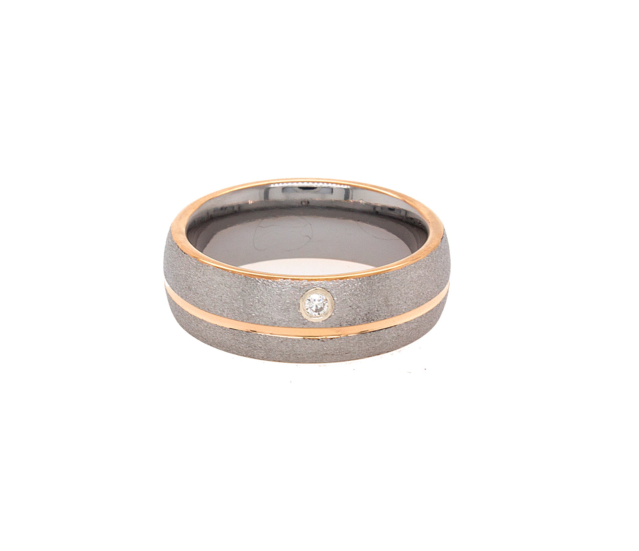 ring, ring on white background, ring with rose gold edges, ring with offset groove, ring with round cut diamond, diamond tungsten ring, tungsten ring, tungsten wedding band, mens wedding band, women's wedding band, matte tungsten ring, dome shaped ring