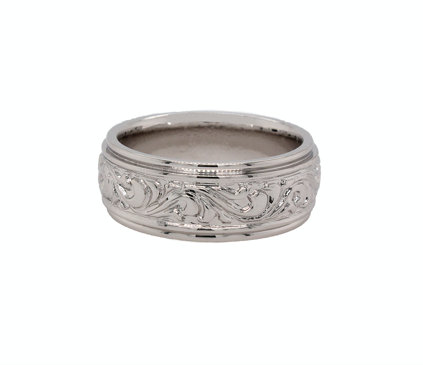 ring, ring on white background, mens wedding band, womens wedding band, victorian style ring, victorian ring, stepped edges, victorian wedding band, silver color ring, unisex ring