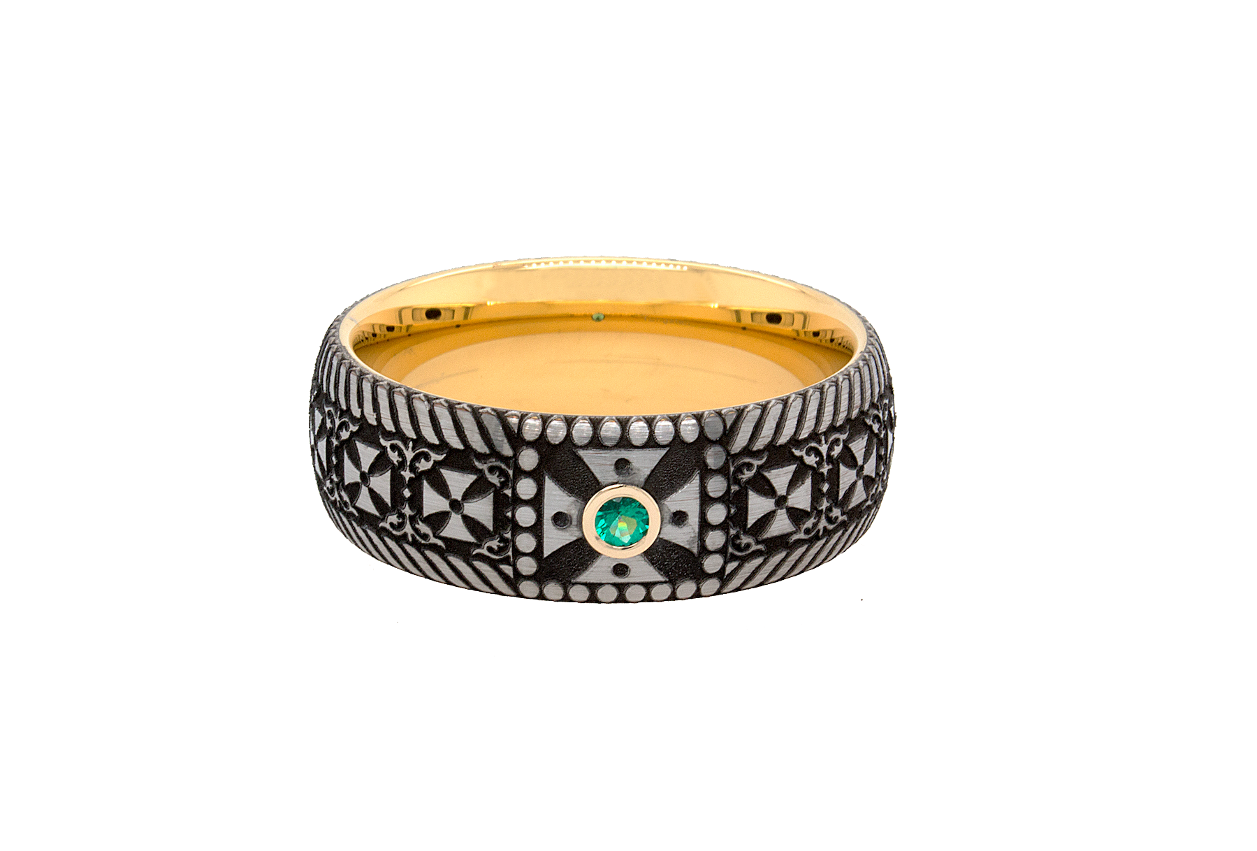8mm Custom Made Tungsten Ring with Matte Exterior Polished Yellow Gold Plated Interior, Cross Engravings and a Center Round Cut Emerald
