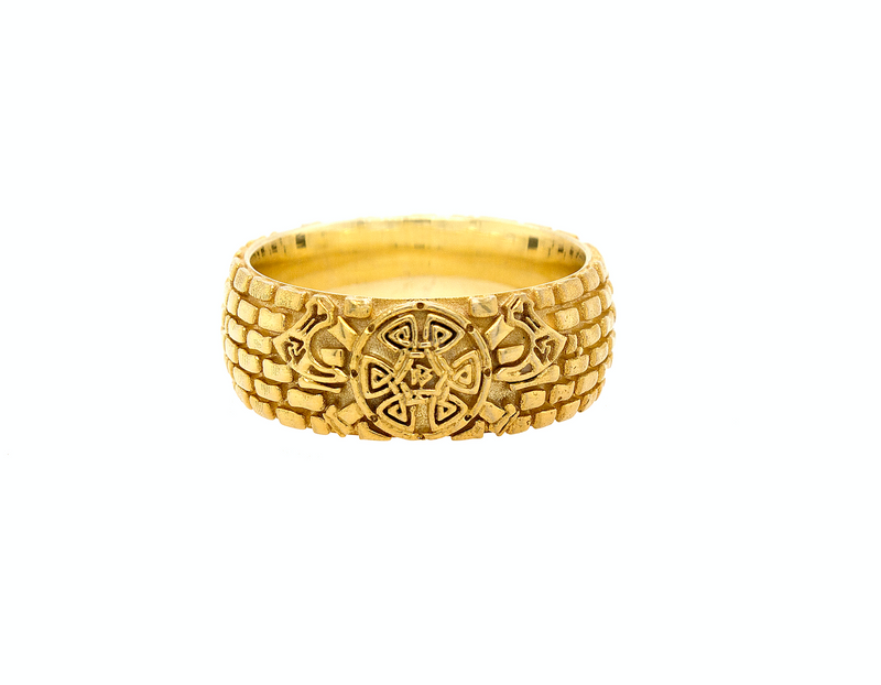 ring, ring on white background, mens ring, women's ring, gold ring, solid gold ring, brick pattern ring, viking shield, swords, axes, yellow gold ring, mens ring, women's ring, 8mm ring, dome shaped ring