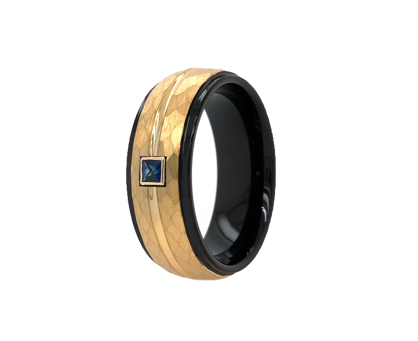 ring, ring on white background, gold plated ring, hammered ring, black and gold ring, black plated interior, gemstone, gemstone ring, sapphire ring, wedding band, mens wedding band, womens wedding band