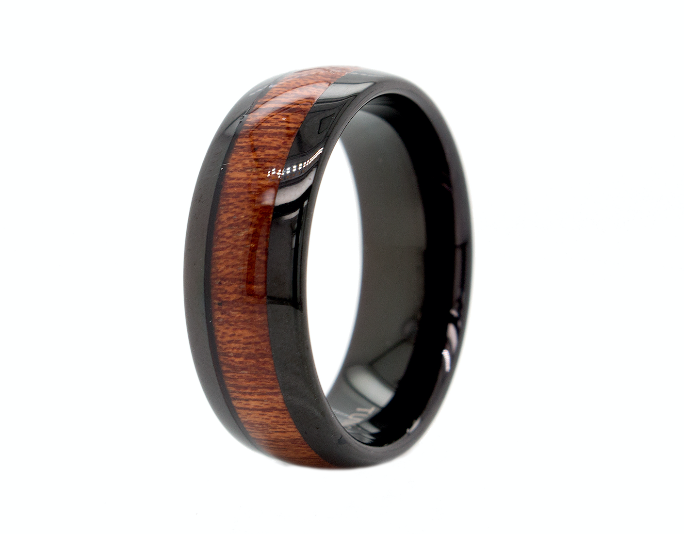 ring, ring on white background, black ring, dome shaped ring, wooden ring, wooden wedding band, black plated ring, polished ring, mens wedding band, women's wedding band