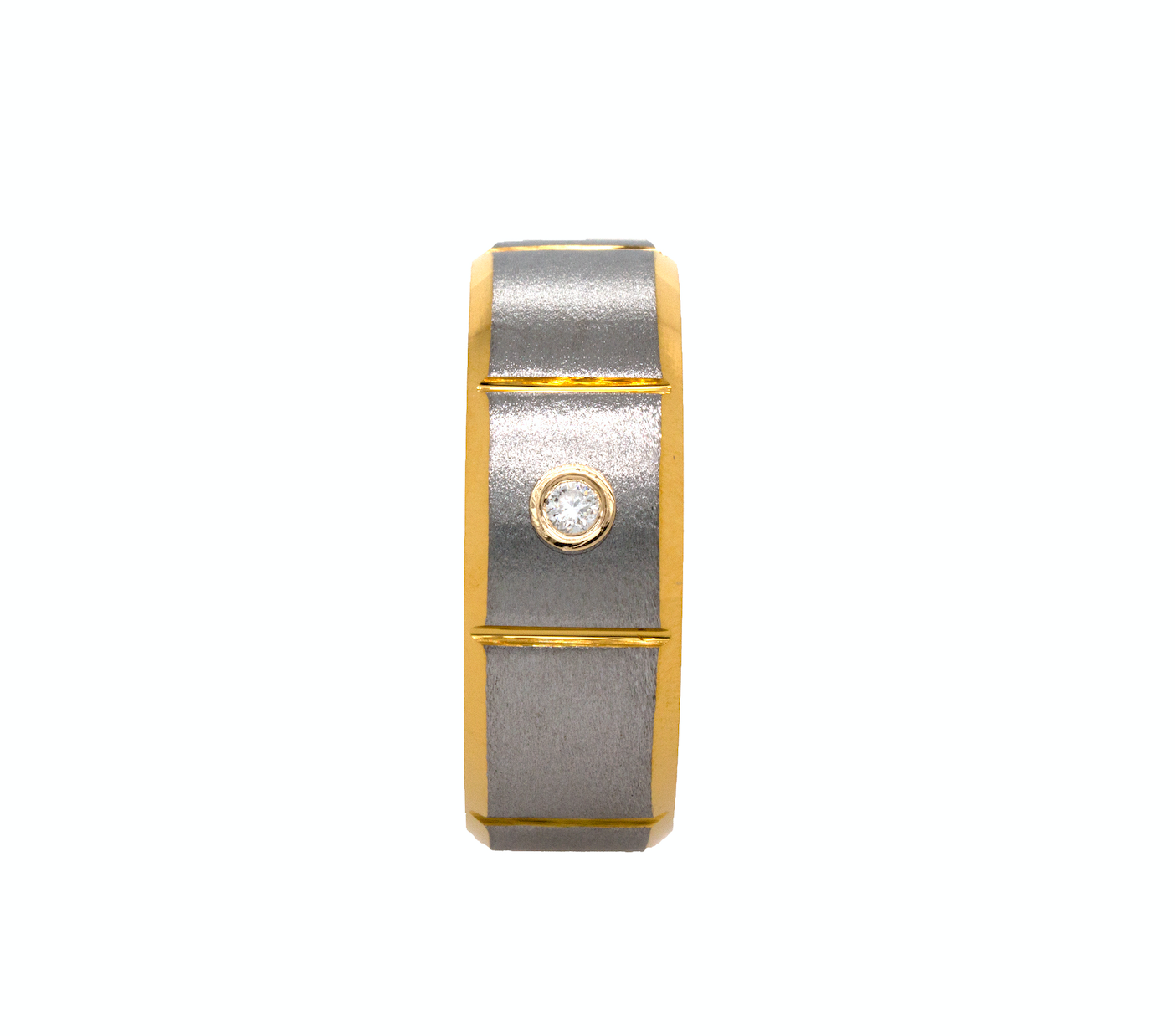 ring, ring on white background, tungsten ring, matte ring, yellow gold ring, gold plated tungsten ring, flat shaped ring, diamond ring, round cut diamond, ring with vertical grooves, textured ring