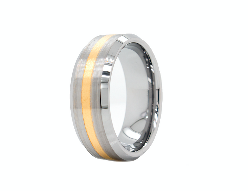 ring, ring on white background, tungsten ring, tungsten wedding band, brushed ring, brushed tungsten ring, ring with yellow line, yellow gold plated ring, mens wedding band, women's wedding band