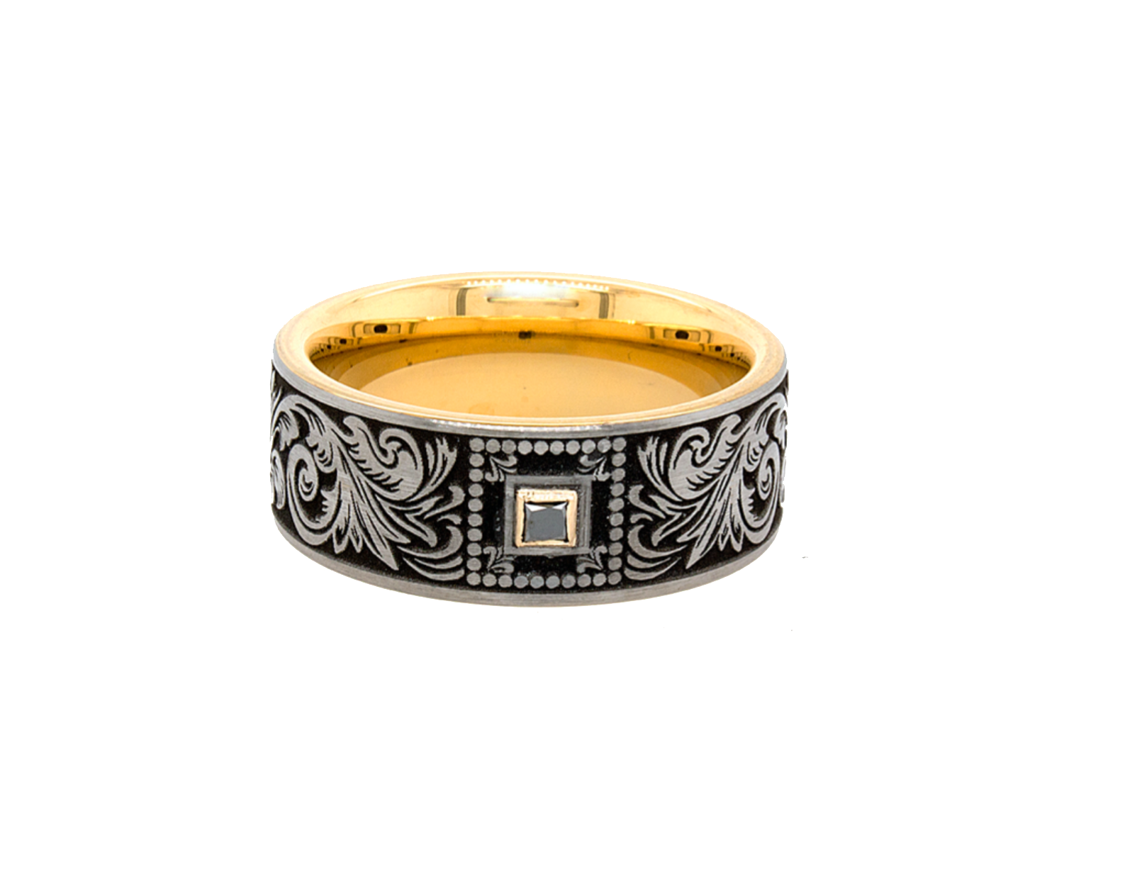ring, ring with white background, tungsten ring, wedding band, tungsten wedding band, square shaped diamond, black diamond, yellow gold plated tungsten ring, victorian style wedding band, victorian designs