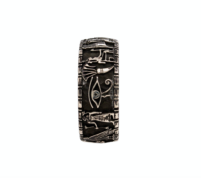 ring, ring on white background, silver ring, sterling silver ring, fashion jewelry, engraved ring, oxidized silver ring, yellow gold plated ring, ancient Egyptian ring, Egyptian symbols, ring for him, ring for her, historical ring