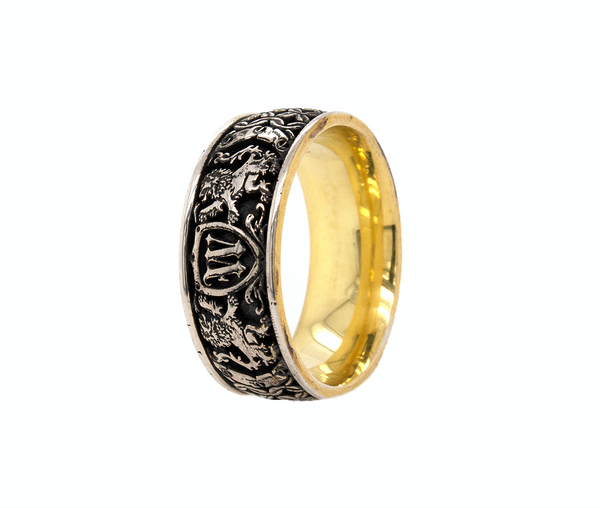 ring, ring with white background, silver ring, yellow gold plated ring, silver and gold ring, mens rings, women's ring, medieval ring, ring with lions, ring with shield, initial ring, personalized ring, custom silver ring