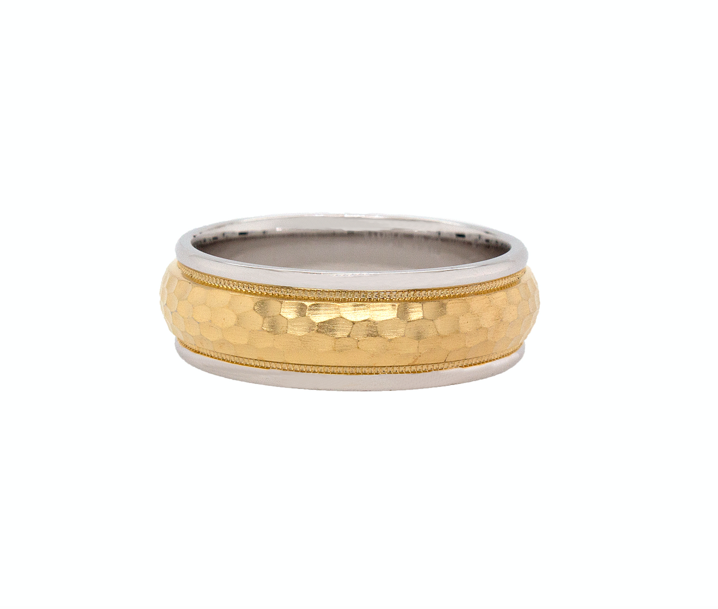 ring, ring on white background, domed ring, solid gold ring, hammered ring, wedding band, unisex ring, stackable ring, textured ring, two toned ring, solid yellow gold ring, white gold ring, 8mm ring