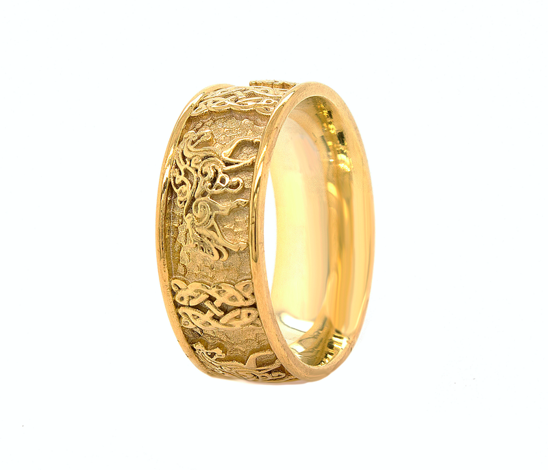 ring, ring on white background, gold ring. solid gold ring, mens ring, womens ring, yellow gold ring, horse ring, celtic ring, celtic knot ring, wedding band, 8mm ring