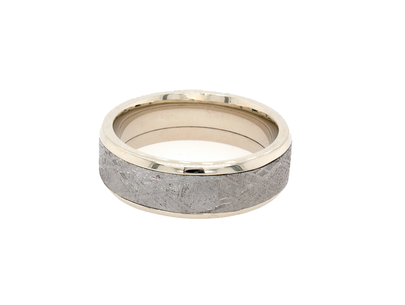 ring, ring on white background, wedding band, mens wedding band, women's wedding band, solid gold ring, white gold ring, meteorite ring, gold ring with meteorite inlay, custom wedding band, personalized ring