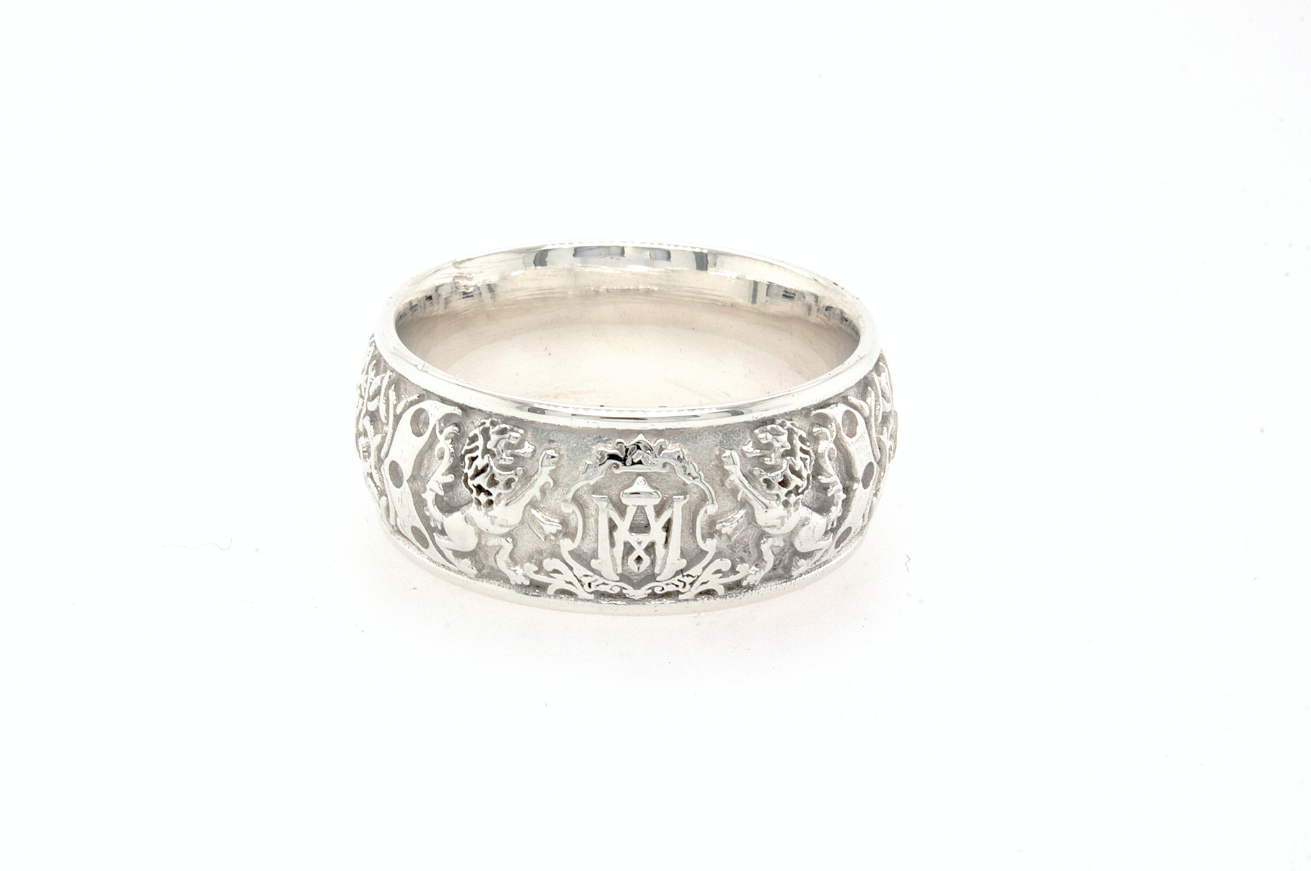 ring, ring on white background, medieval ring, medieval inspired ring, gold medieval ring, personalized ring, initial ring, lion ring, white gold ring, white gold wedding band. solid gold ring, custom ring, custom wedding band, deep engraved