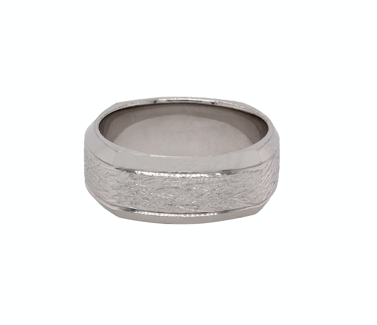 hexagon shaped ring, ring, white gold ring, mens ring, womens ring, wedding band, custom ring, scratched texture, textured ring, polished ring, unisex ring, solid white gold ring, 8mm width, beveled edges 