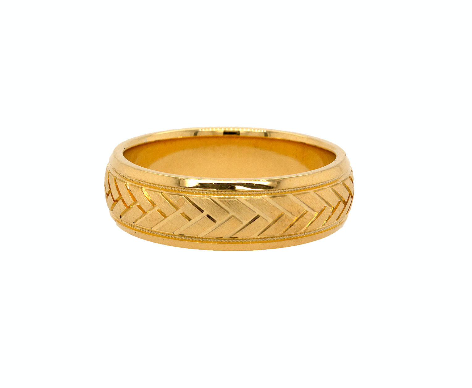 yellow gold ring, mens ring, womens ring, solid gold ring, 8mm ring, dome shaped ring, migrain, engraving, arrow pattern engraving, wedding band, mens wedding band, womens wedding band, ring