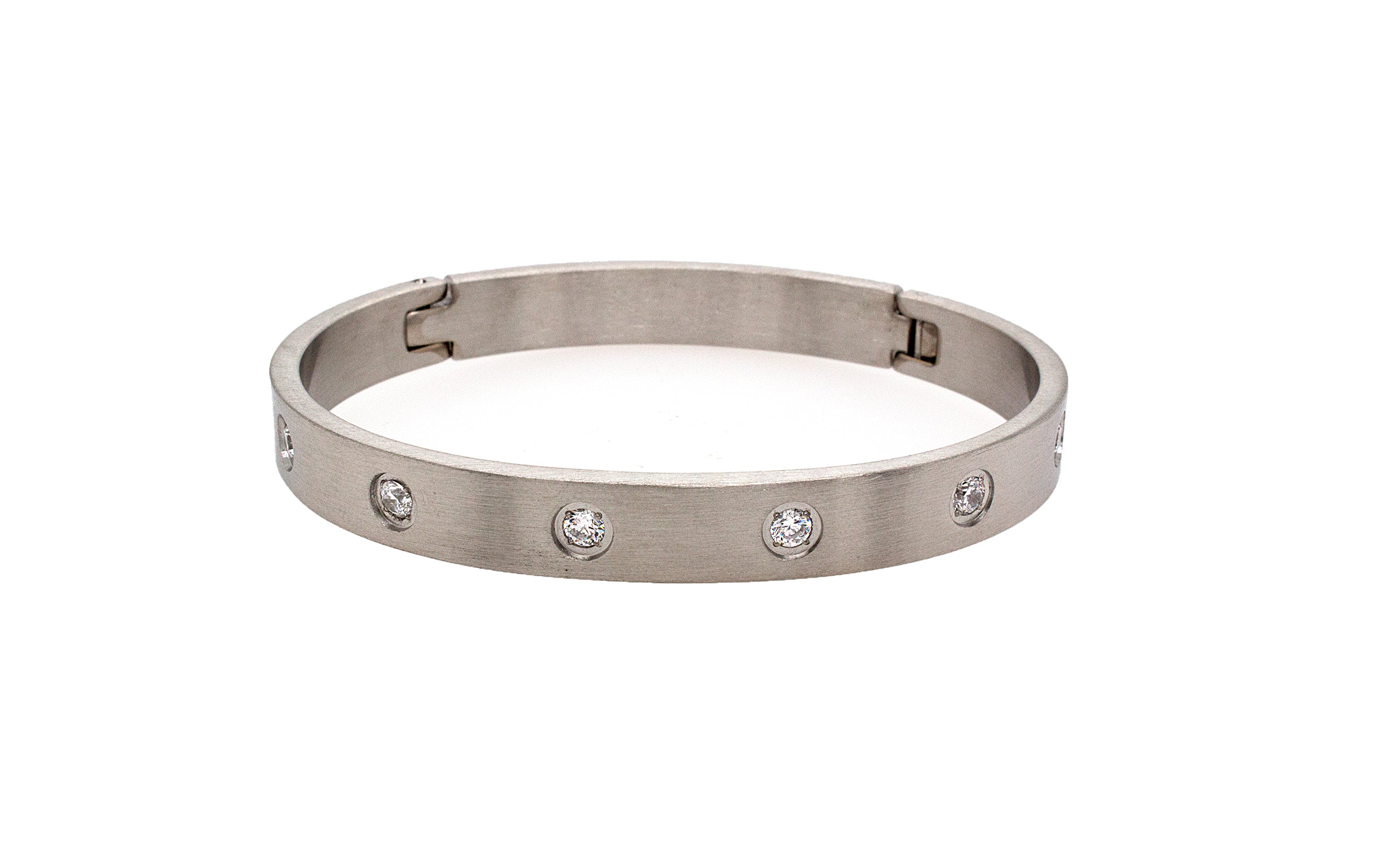 bracelet, bracelet on white background, bangle bracelet, bracelet with stones, brush finished bracelet, cz bracelet, silver bangle, womens bracelet, cartier love bracelet dupe
