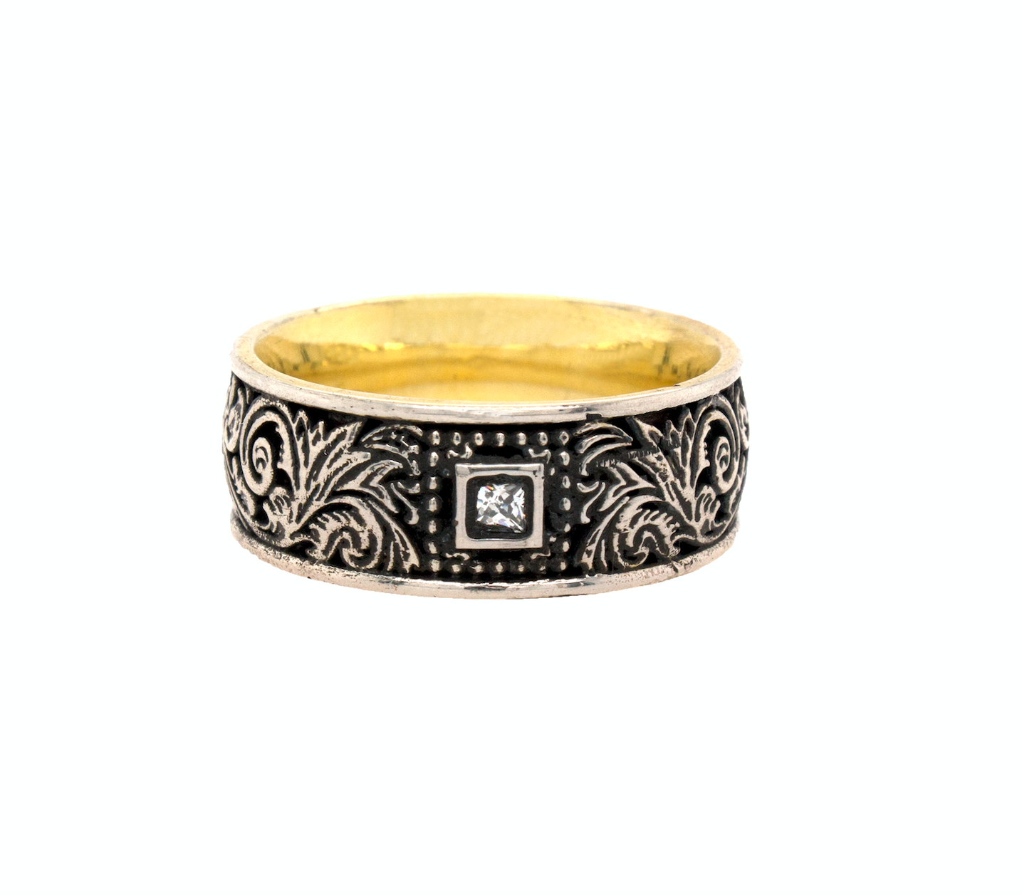 ring, ring on white background, mens rings, women's rings, yellow gold plated ring, oxidized silver ring, diamond ring, square shaped diamond, victorian ring, victorian style engraving, mens rings, women's rings, unique rings, custom ring