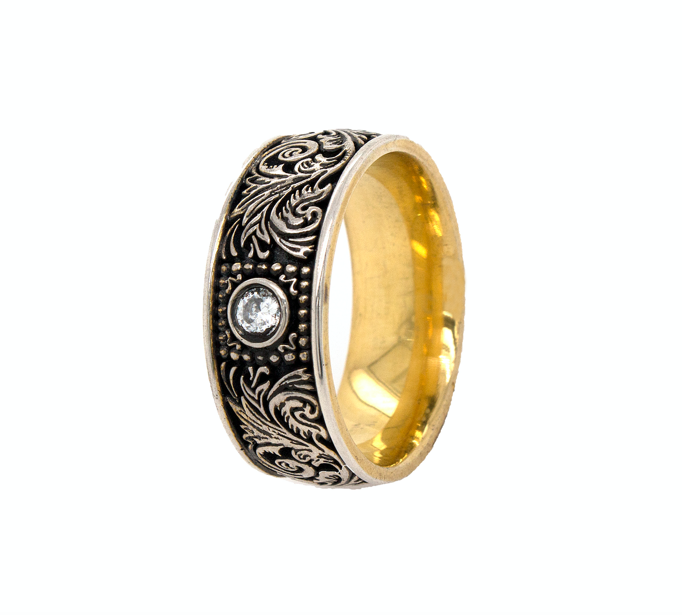 ring, ring on white background, silver ring, sterling silver ring, oxidized ring, yellow gold plated ring, diamond ring, round shaped diamond, yellow gold plated silver ring, oxidized silver ring, victorian ring, engraved ring, custom ring, mens ring, women's ring
