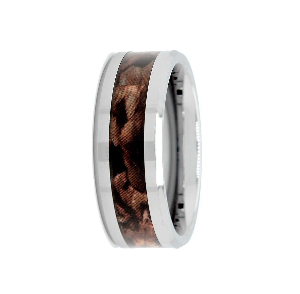 ring, ring on white background, ring with dinosaur bone inlay, silver and brown ring, tungsten ring, polished ring, wedding band, women's wedding band, mens wedding band, custom ring, personalized ring  Edit alt text