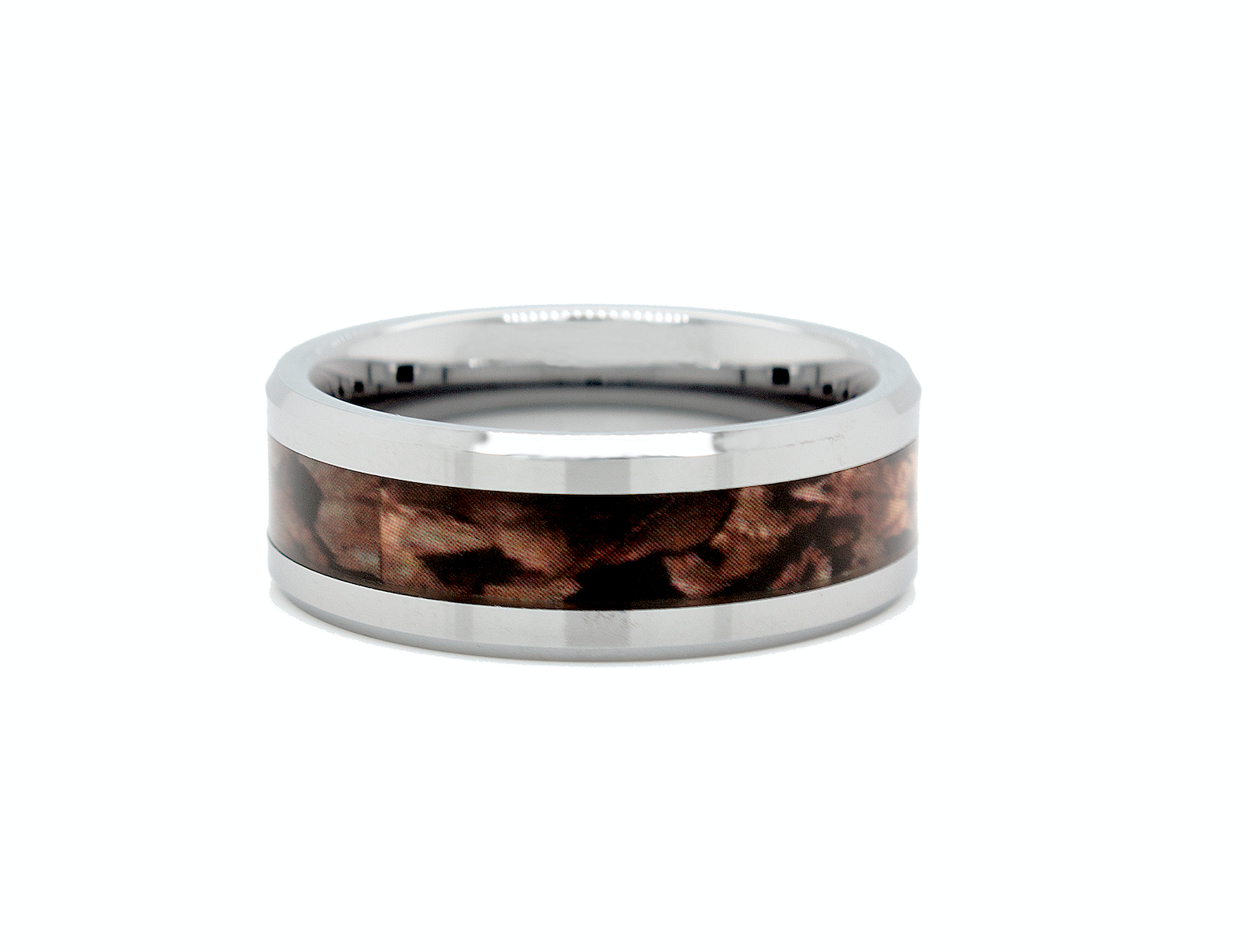 ring, ring on white background, ring with dinosaur bone inlay, silver and brown ring, tungsten ring, polished ring, wedding band, women's wedding band, mens wedding band, custom ring, personalized ring