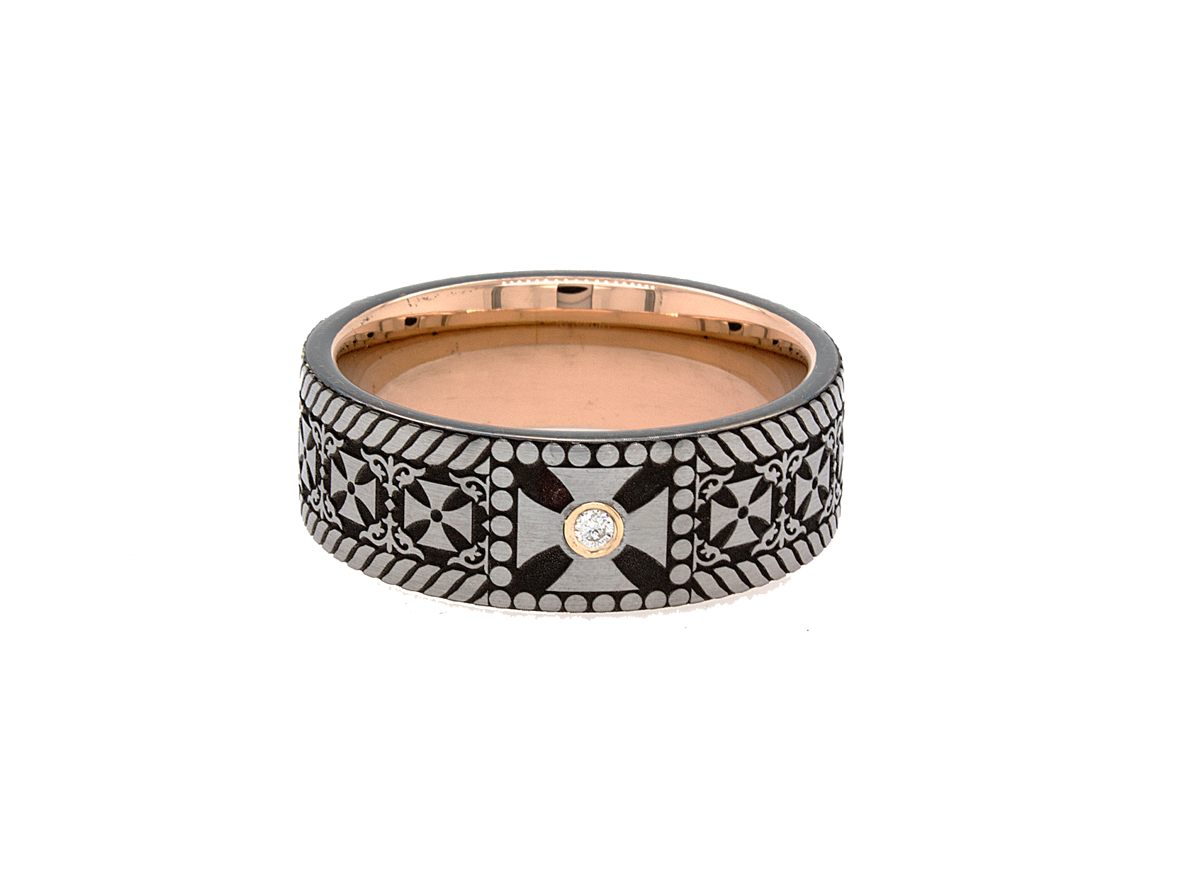 ring, ring on white background, rose gold plated ring, ring with crosses, cross ring, diamond ring, ring with diamonds, ring with crosses, flat shaped ring, mens wedding band, women's wedding band, custom wedding band, personalized wedding band, custom ring, gemstone ring