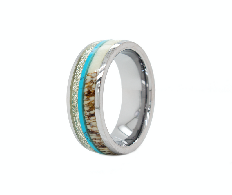 ring, ring on white background, wedding band, antler ring, meteorite ring, ring with turquoise inlay, 8mm dome shaped ring, wedding band, turquoise ring, antler ring, meteorite ring