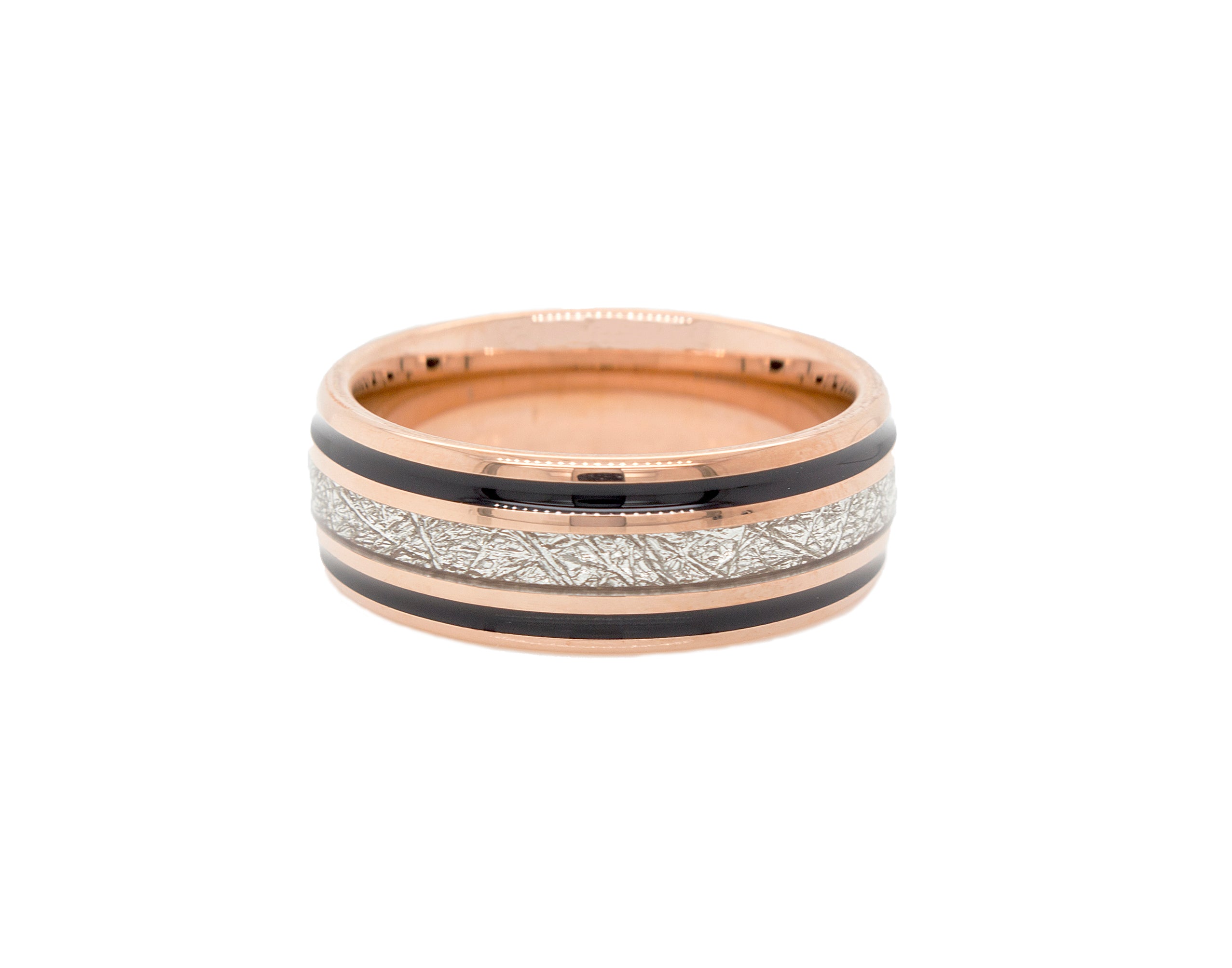 ring, ring on white background, rose gold plated ring, tungsten ring with 2 black enamel lines, ring with meteorite inlay