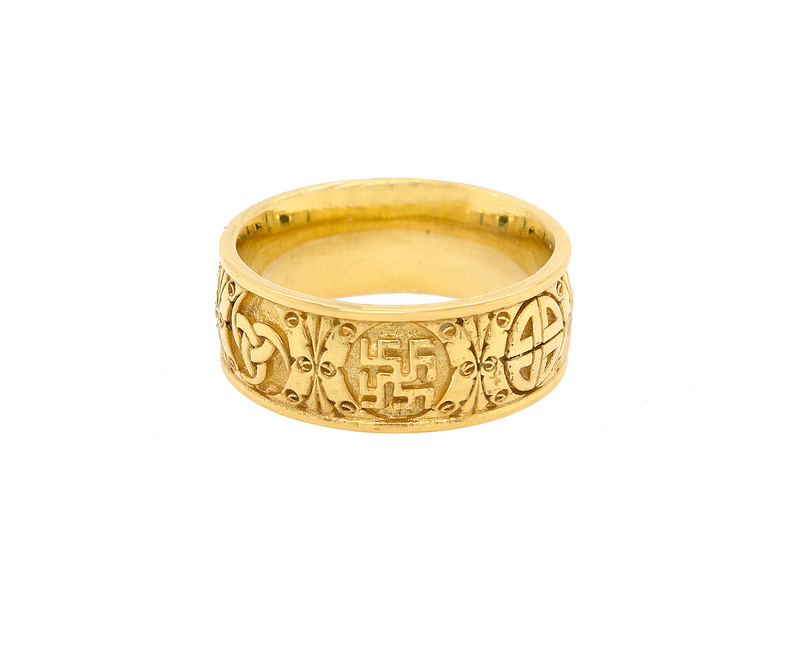 ring, ring on white background, gold ring, solid gold ring, solid yellow gold ring, wedding band, mens wedding band, womens wedding band, viking symbols, 6 symbols, engraved ring, unisex ring