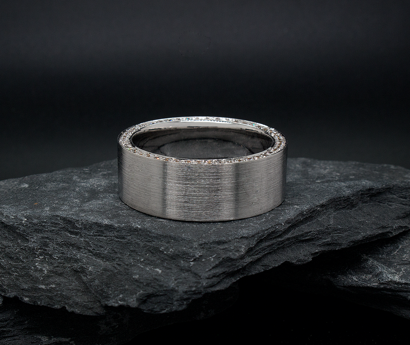 9mm, Custom Made, Flat Shaped, Solid White Gold Ring with Brushed Exterior and Diamond Edges
