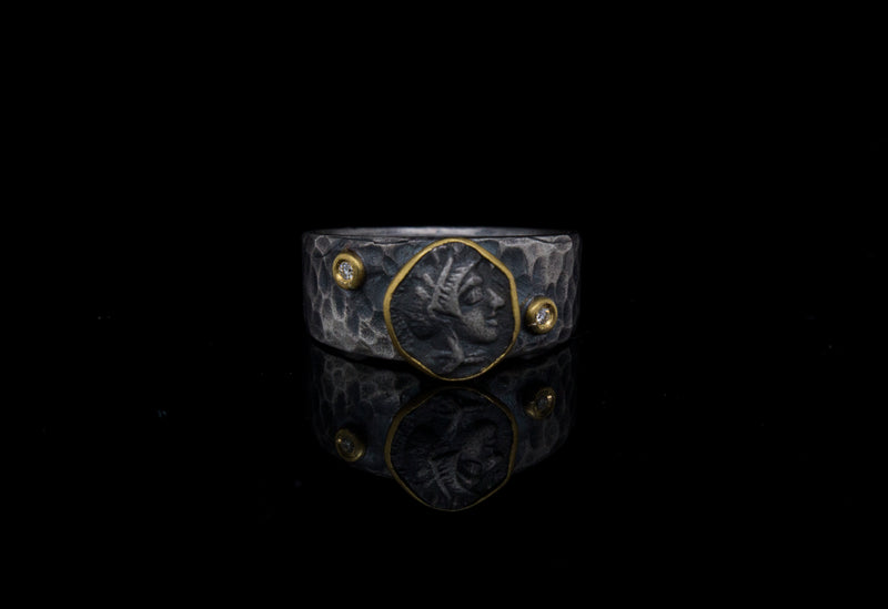 24K Gold and Silver Handmade Hammered Ring Featuring Athena with Diamonds