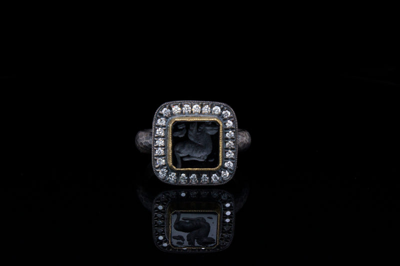 24k Gold and Silver Handmade Ring Featuring Pegasus on Black Onyx and Diamonds